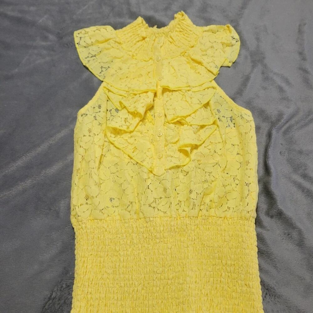 Yahada Shirt Women Size Small Yellow Halter Lace Sheer Smock Button Front Blouse